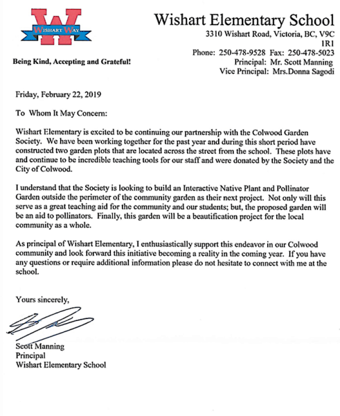 Letter from Wishart Elementary in support of our Scotts Canada grant Application