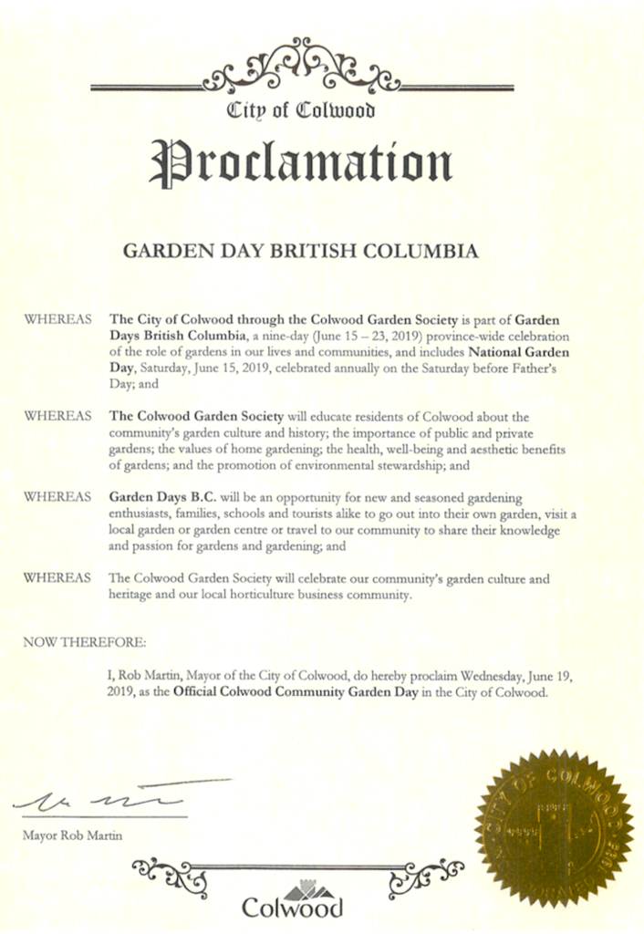 Garden Days BC - City of Colwood Proclamation - Wednesday, June 19, 2019 is designated Colwood Community Garden Day!